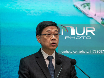 Hong Kong Chief Executive John Lee speaks to the media before his Executive Council meeting in Hong Kong on November 12, 2024. (