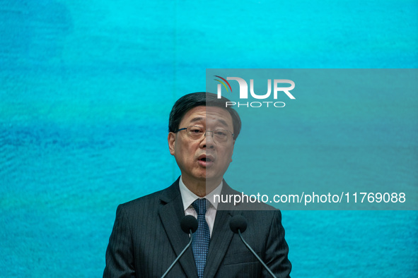 Hong Kong Chief Executive John Lee speaks to the media before his Executive Council meeting in Hong Kong on November 12, 2024. 