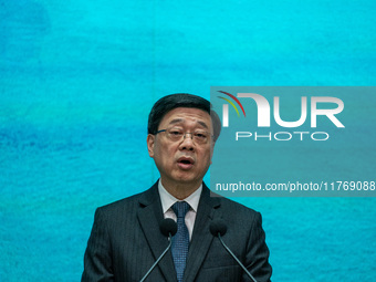 Hong Kong Chief Executive John Lee speaks to the media before his Executive Council meeting in Hong Kong on November 12, 2024. (