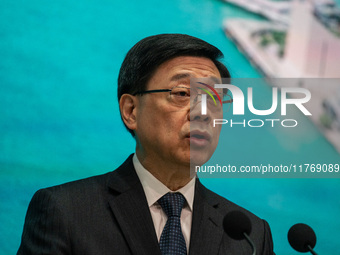 Hong Kong Chief Executive John Lee speaks to the media before his Executive Council meeting in Hong Kong on November 12, 2024. (