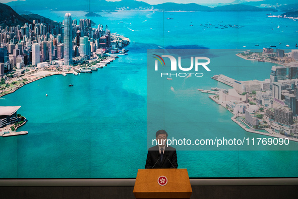 Hong Kong Chief Executive John Lee speaks to the media before his Executive Council meeting in Hong Kong on November 12, 2024. 