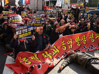 Hundreds of farmers, organized by the Korea Advanced Farmers Federation, gather in front of the National Assembly in Yeouido for the Farmers...