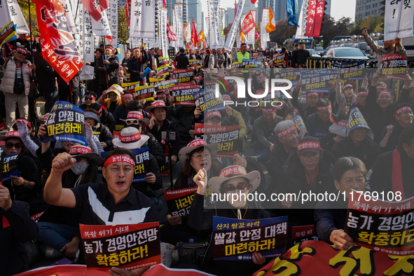 Hundreds of farmers, organized by the Korea Advanced Farmers Federation, gather in front of the National Assembly in Yeouido for the Farmers...