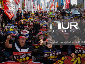 Hundreds of farmers, organized by the Korea Advanced Farmers Federation, gather in front of the National Assembly in Yeouido for the Farmers...