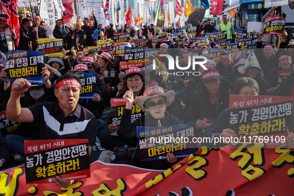 Hundreds of farmers, organized by the Korea Advanced Farmers Federation, gather in front of the National Assembly in Yeouido for the Farmers...