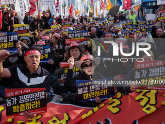 Hundreds of farmers, organized by the Korea Advanced Farmers Federation, gather in front of the National Assembly in Yeouido for the Farmers...