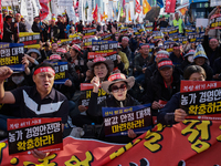 Hundreds of farmers, organized by the Korea Advanced Farmers Federation, gather in front of the National Assembly in Yeouido for the Farmers...