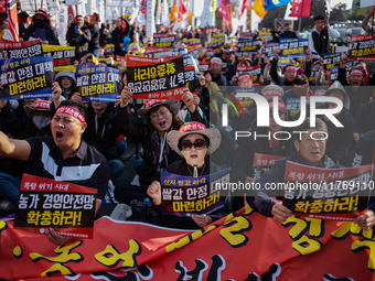 Hundreds of farmers, organized by the Korea Advanced Farmers Federation, gather in front of the National Assembly in Yeouido for the Farmers...