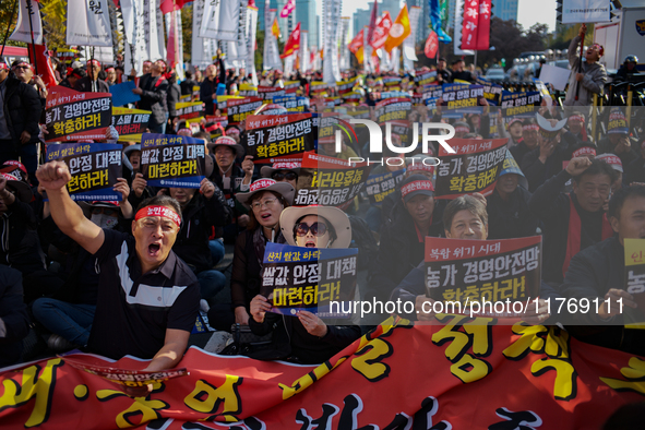 Hundreds of farmers, organized by the Korea Advanced Farmers Federation, gather in front of the National Assembly in Yeouido for the Farmers...