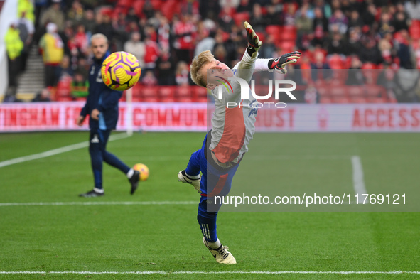 Aaron Bott of Nottingham Forest warms up ahead of kick-off during the Premier League match between Nottingham Forest and Newcastle United at...