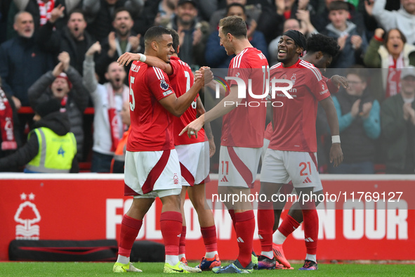 Murillo of Nottingham Forest celebrates with teammates after scoring the first goal of the game to make it 1-0 during the Premier League mat...