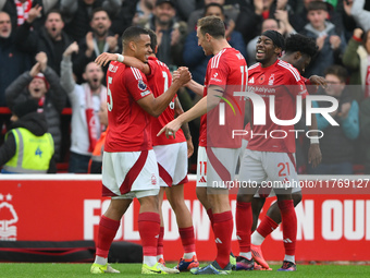 Murillo of Nottingham Forest celebrates with teammates after scoring the first goal of the game to make it 1-0 during the Premier League mat...