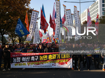 Hundreds of farmers march through the streets of Yeouido as part of the Farmers' General Rally for Agricultural Reform, organized by the Kor...