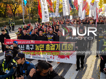 Hundreds of farmers march through the streets of Yeouido as part of the Farmers' General Rally for Agricultural Reform, organized by the Kor...