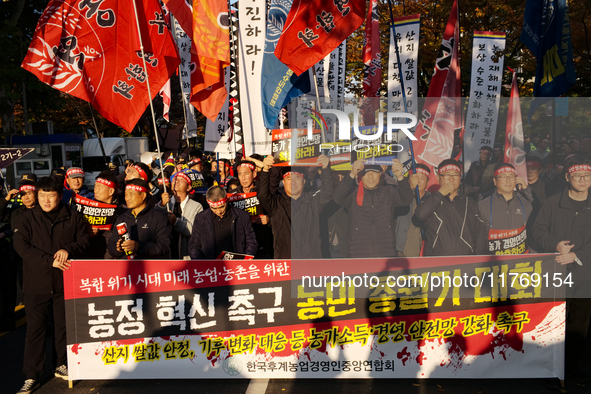 Hundreds of farmers march through the streets of Yeouido as part of the Farmers' General Rally for Agricultural Reform, organized by the Kor...