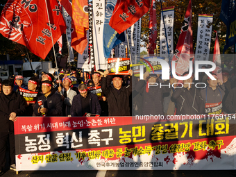 Hundreds of farmers march through the streets of Yeouido as part of the Farmers' General Rally for Agricultural Reform, organized by the Kor...