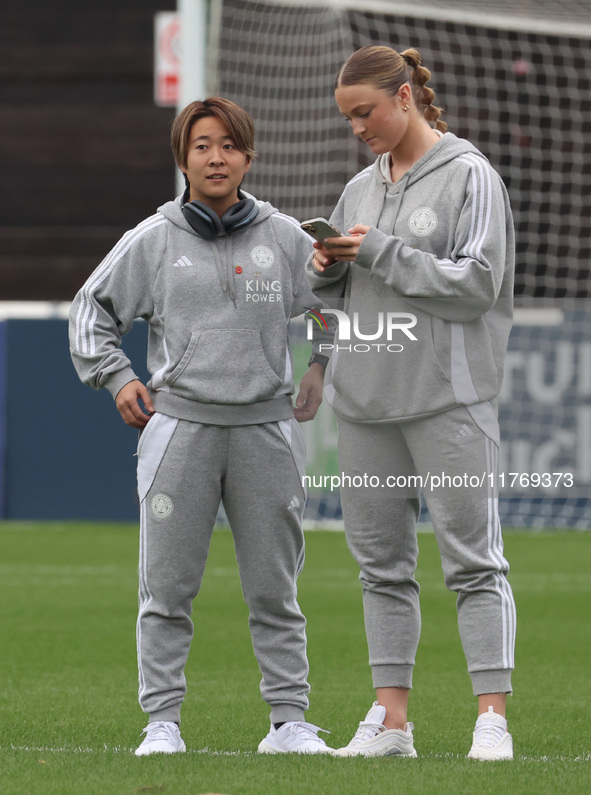 Yuka Momiki of Leicester City Women and Ruby Mace of Leicester City Women participate in the pre-match warm-up during the Barclays FA Women'...