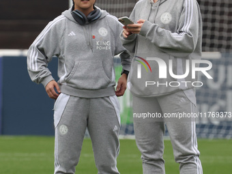 Yuka Momiki of Leicester City Women and Ruby Mace of Leicester City Women participate in the pre-match warm-up during the Barclays FA Women'...