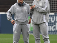 Yuka Momiki of Leicester City Women and Ruby Mace of Leicester City Women participate in the pre-match warm-up during the Barclays FA Women'...