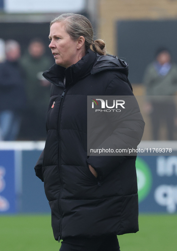 Rehanne Skinner manages West Ham United Women during the Barclays FA Women's Super League soccer match between West Ham United Women and Lei...