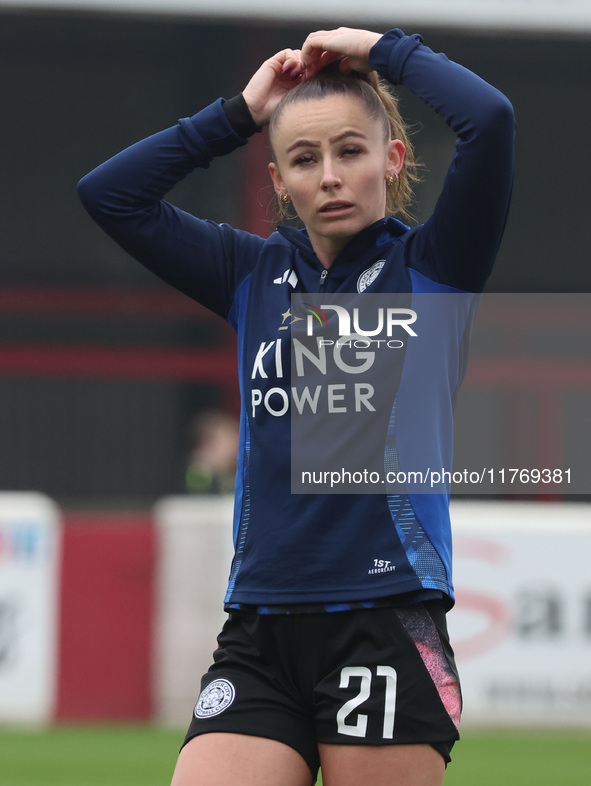 Hannah Cain of Leicester City Women participates in the pre-match warm-up during the Barclays FA Women's Super League soccer match between W...