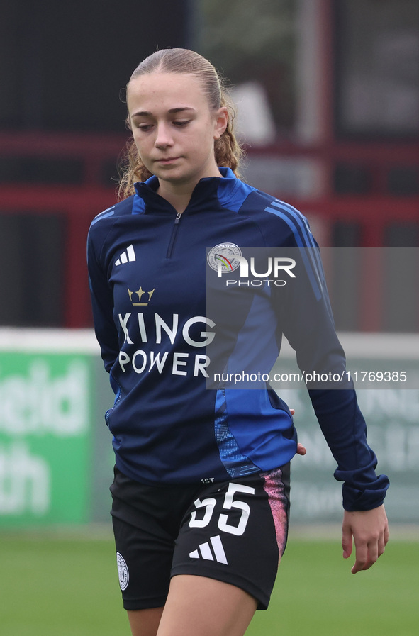 Poppy Groves of Leicester City Women plays during the Barclays FA Women's Super League soccer match between West Ham United Women and Leices...