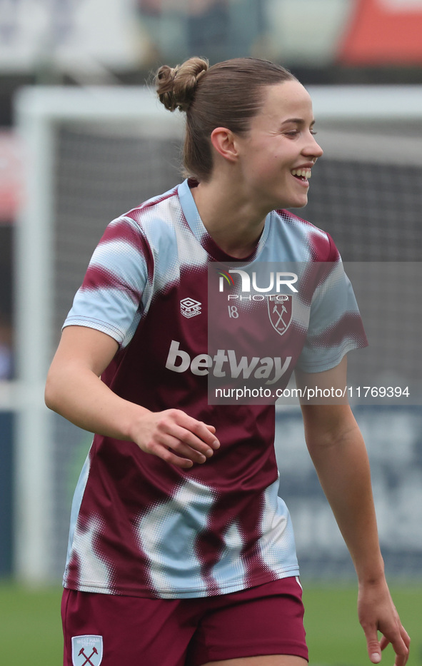 Anouk Denton of West Ham United WFC participates in the pre-match warm-up during the Barclays FA Women's Super League soccer match between W...