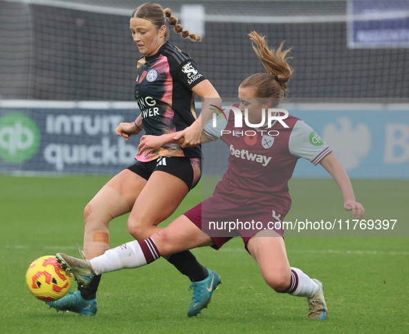 Ruby Mace of Leicester City Women and Oona Siren of West Ham United WFC play during the Barclays FA Women's Super League soccer match betwee...