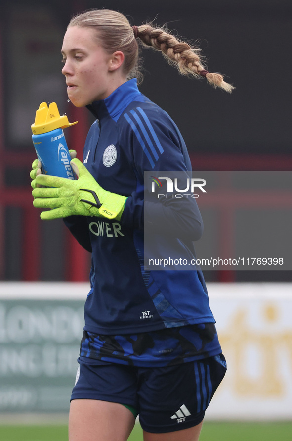 Rebkah Dowsett of Leicester City Women participates in the Barclays FA Women's Super League soccer match between West Ham United Women and L...