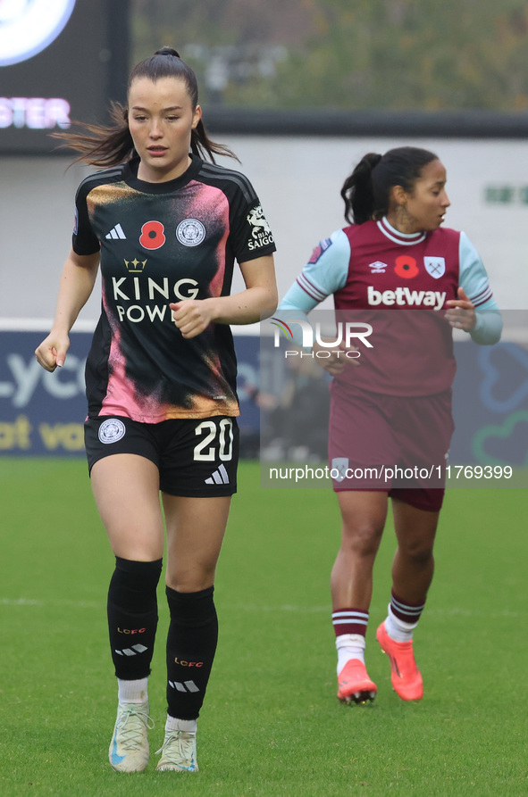 Missy Goodwin of Leicester City plays during the Barclays FA Women's Super League soccer match between West Ham United Women and Leicester C...