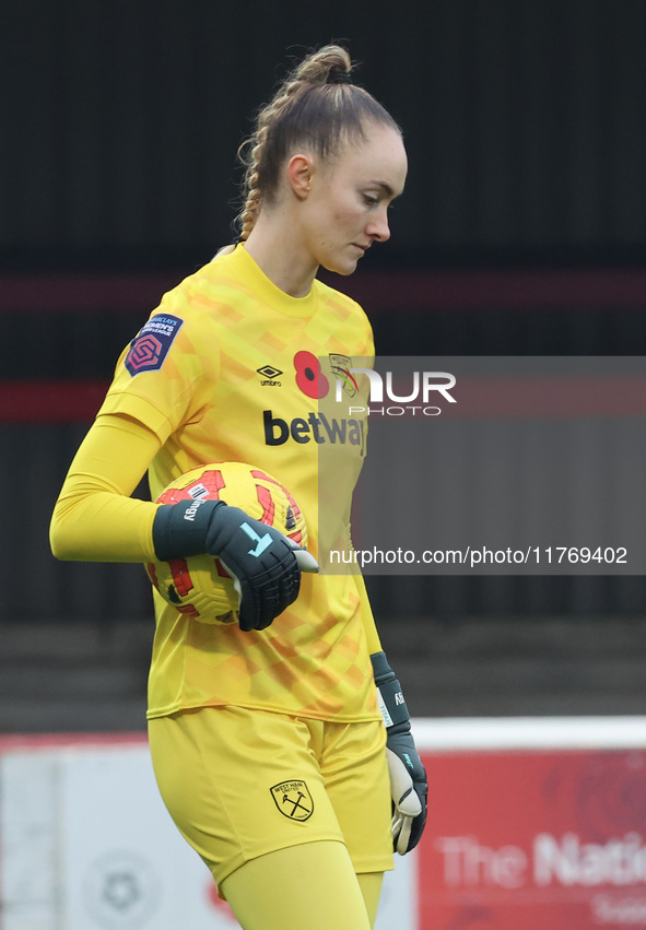 Kinga Szemik of West Ham United WFC plays during the Barclays FA Women's Super League soccer match between West Ham United Women and Leicest...