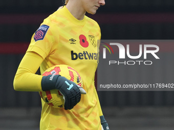 Kinga Szemik of West Ham United WFC plays during the Barclays FA Women's Super League soccer match between West Ham United Women and Leicest...