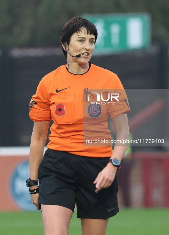 Referee Elizabeth Simms officiates during the Barclays FA Women's Super League soccer match between West Ham United Women and Leicester City...