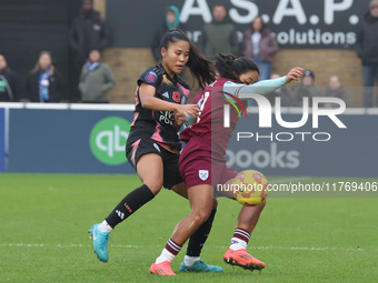 Asmita Ale of Leicester City Women and Manuela Pav of West Ham United WFC are in action during the Barclays FA Women's Super League soccer m...