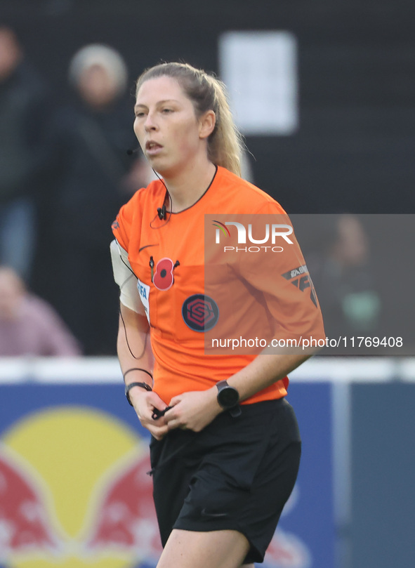 Referee Abigail Byrne officiates during the Barclays FA Women's Super League soccer match between West Ham United Women and Leicester City W...