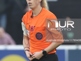 Referee Abigail Byrne officiates during the Barclays FA Women's Super League soccer match between West Ham United Women and Leicester City W...