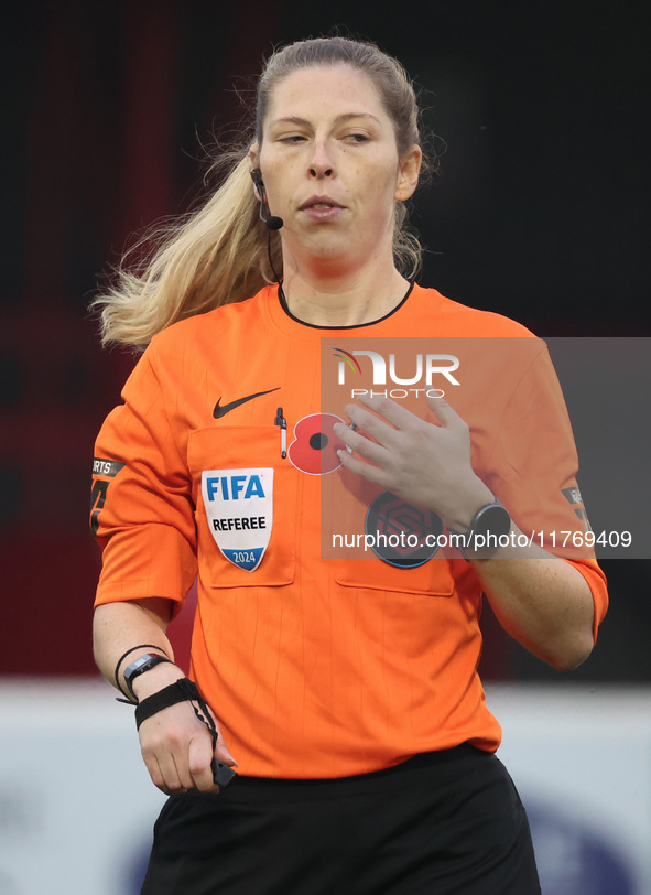 Referee Abigail Byrne officiates during the Barclays FA Women's Super League soccer match between West Ham United Women and Leicester City W...