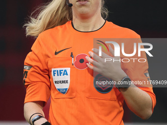 Referee Abigail Byrne officiates during the Barclays FA Women's Super League soccer match between West Ham United Women and Leicester City W...