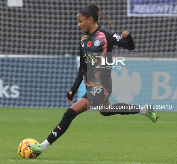 Shana Chossenotte of Leicester City Women plays during the Barclays FA Women's Super League soccer match between West Ham United Women and L...