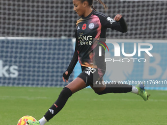 Shana Chossenotte of Leicester City Women plays during the Barclays FA Women's Super League soccer match between West Ham United Women and L...