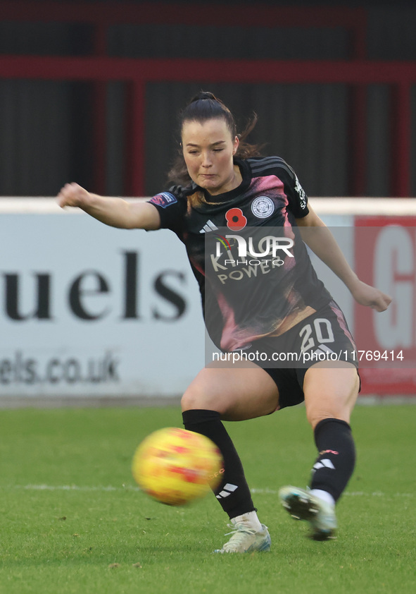 Missy Goodwin of Leicester City plays during the Barclays FA Women's Super League soccer match between West Ham United Women and Leicester C...