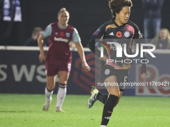 Saori Takarada of Leicester City Women participates in the Barclays FA Women's Super League soccer match between West Ham United Women and L...