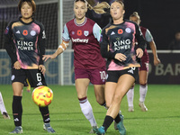 In Dagenham, England, on November 10, 2024, from left to right, Saori Takarada of Leicester City Women, Dagny Brynjarsdottir of West Ham Uni...