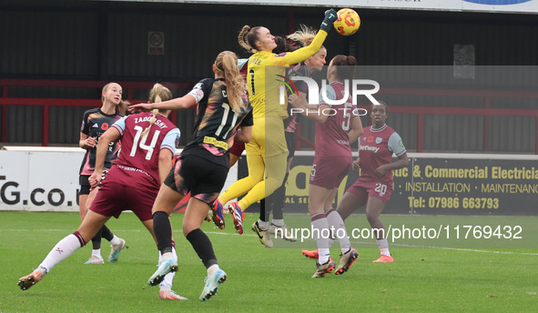 Kinga Szemik of West Ham United WFC (yellow) plays during the Barclays FA Women's Super League soccer match between West Ham United Women an...