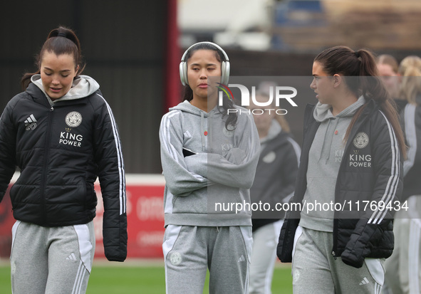 In Dagenham, England, on November 10, 2024, from left to right, Missy Goodwin of Leicester City, Asmita Ale, and Emila Pelgander of Leiceste...