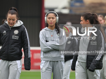 In Dagenham, England, on November 10, 2024, from left to right, Missy Goodwin of Leicester City, Asmita Ale, and Emila Pelgander of Leiceste...