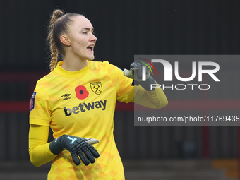 Kinga Szemik of West Ham United WFC plays during the Barclays FA Women's Super League soccer match between West Ham United Women and Leicest...