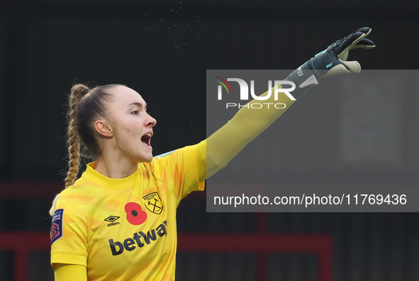 Kinga Szemik of West Ham United WFC plays during the Barclays FA Women's Super League soccer match between West Ham United Women and Leicest...