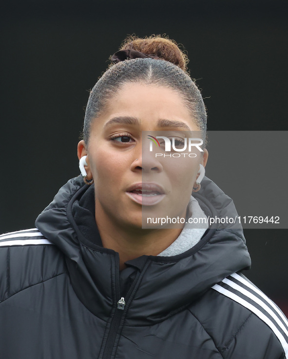 Chantelle Swaby of Leicester City Women participates in the pre-match warm-up during the Barclays FA Women's Super League soccer match betwe...