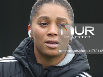 Chantelle Swaby of Leicester City Women participates in the pre-match warm-up during the Barclays FA Women's Super League soccer match betwe...